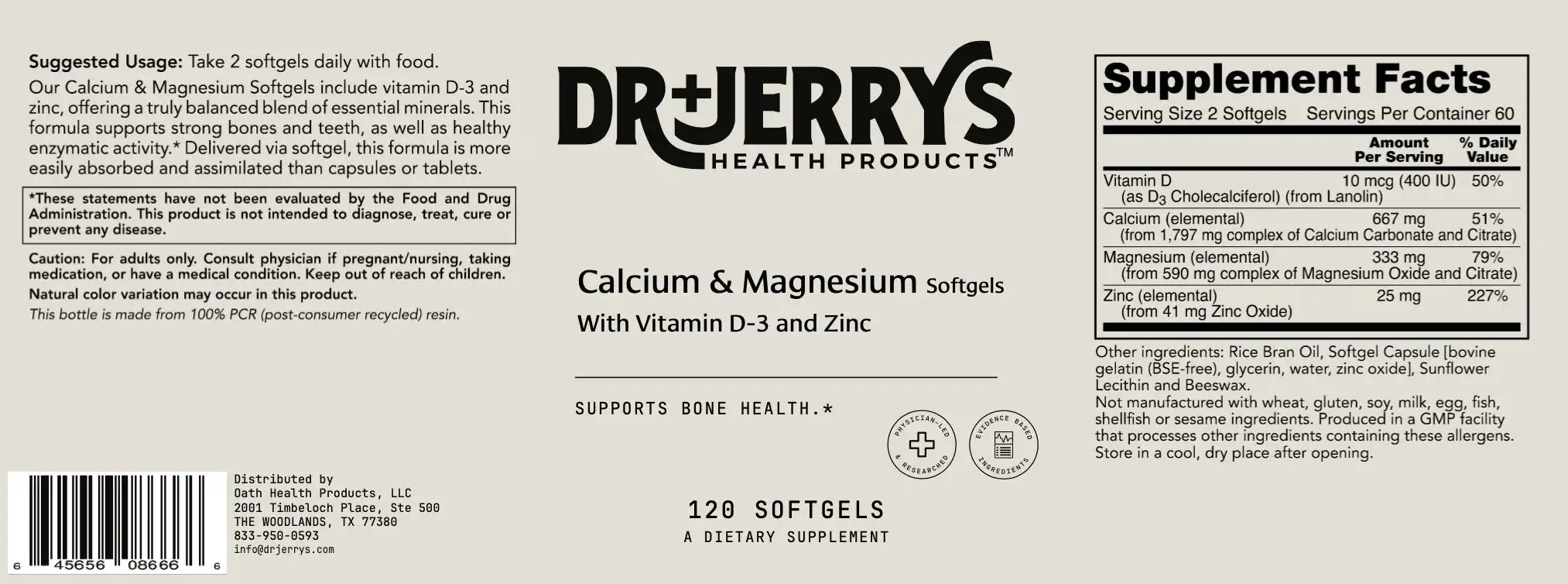 Dr. Jerry's Calcium & Magnesium Softgels with Vitamin D-3 and Zinc (120 Softgels)