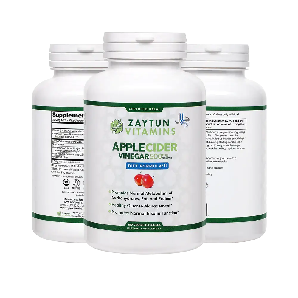 Zaytun Vitamins Halal Apple Cider Vinegar 500mg Capsules 3-Pack - Weight Support,  Detox Cleanse, Digestion & Immunity - 540 Veggie Caps, Made in USA