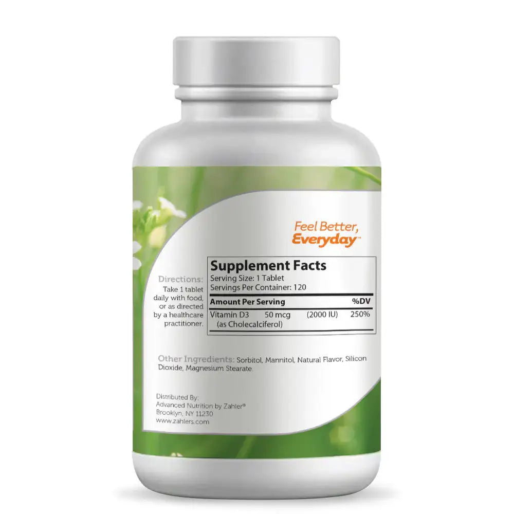 Zahler Vitamin D3 2000 IU - Orange Chewable Tablets for Bone & Immune Support - 120 Ct Supplement HSA/FSA Eligible