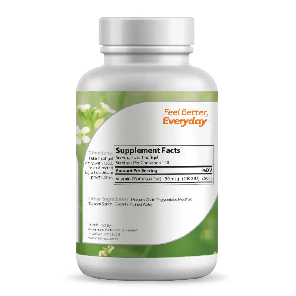 Zahler Vitamin D3 2000 IU Softgels 120 and 250 Count - High Potency Bone and Immune Support - Easy-to-Swallow - HSA/FSA Eligible