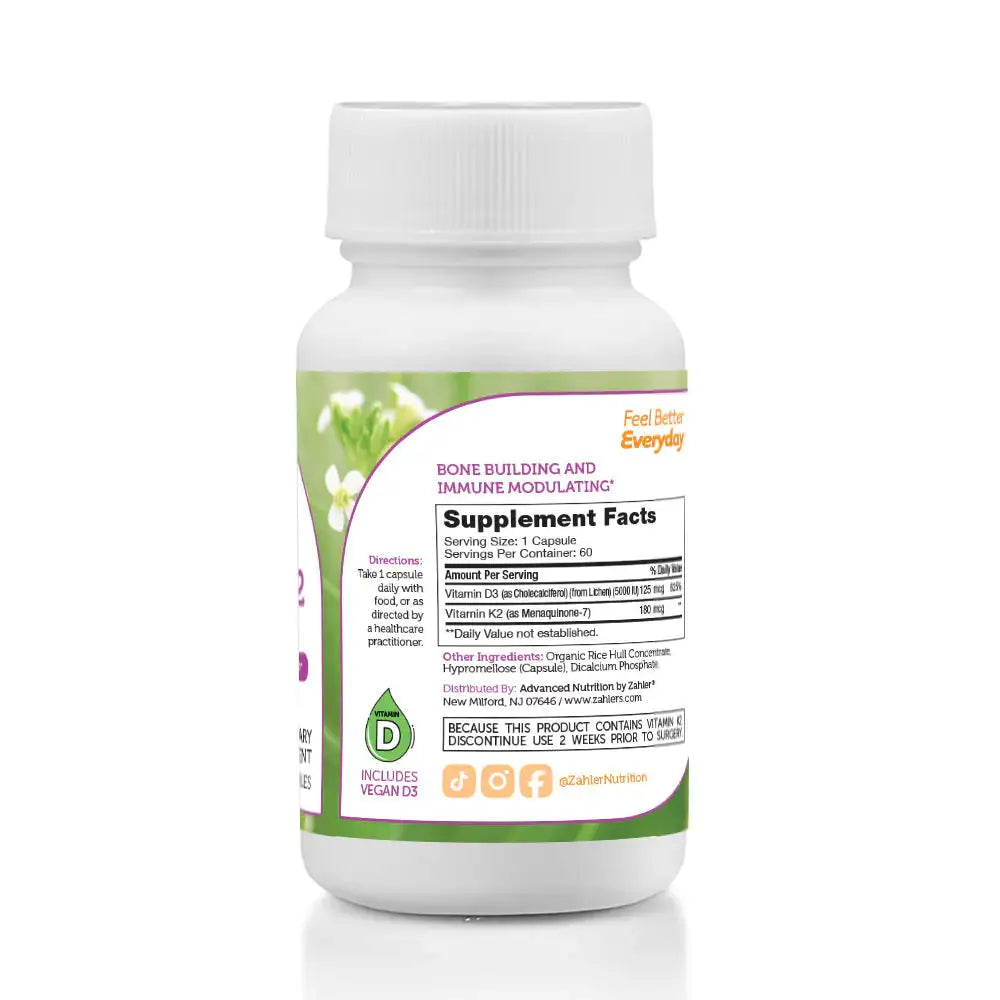 Zahler Vitamin D3 & K2 - Bone, Heart & Immune Support with 5000 IU D3 + 180 mcg K2 - Vegan Capsules - 60 Ct - HSA/FSA Eligible
