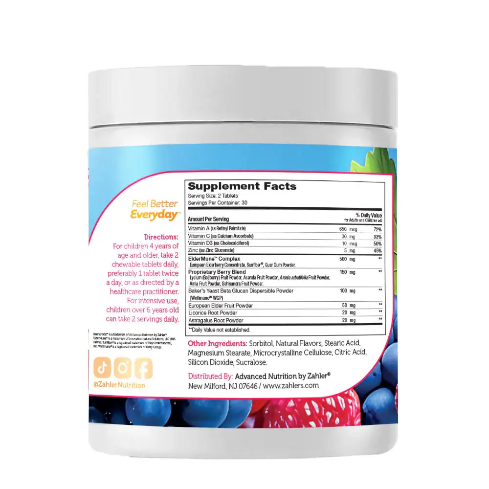 Zahler ImmuniKid Chewable Tablets - Kids Immune Support with Zinc Elderberry  Vitamin C D3 - Grape Flavor - 60 Tablets - HSA FSA Eligible