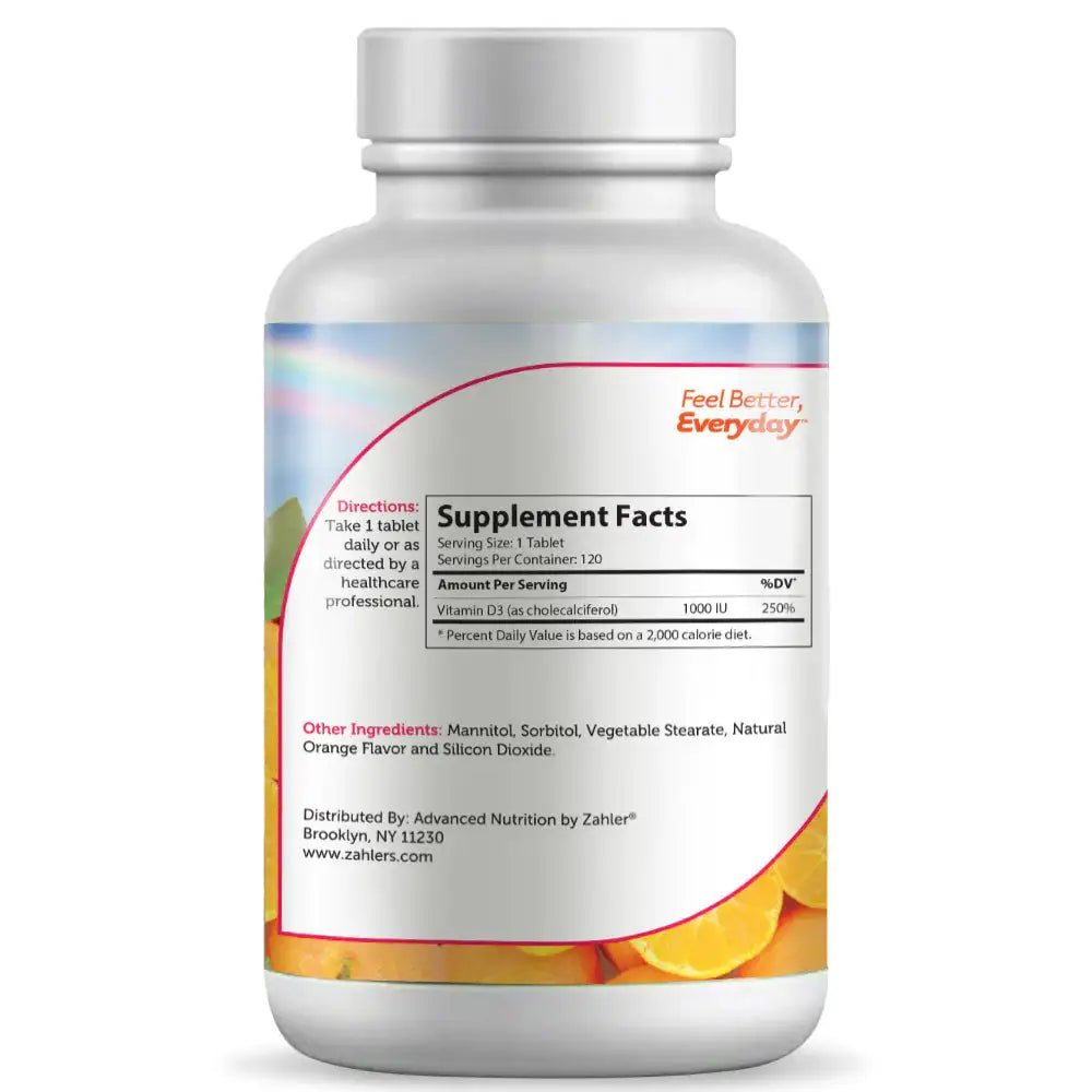 Zahler Junior D3 - 1000 IU Vitamin D3 for Kids - Bone & Immune Support - Orange Chewables, 120/250 Tablets - HSA/FSA Eligible