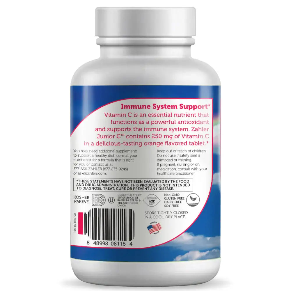 Zahler Junior C - 250mg Vitamin C for Kids - Immune & Antioxidant Support - Orange Chewables, 90/180/500 Tablets - HSA/FSA Eligible