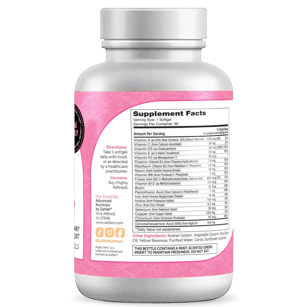 Zahler Mighty Mini - Small Prenatal Softgel with 19 Nutrients, 800mcg Folate & 100mg DHA - 90 Count - HSA/FSA Eligible