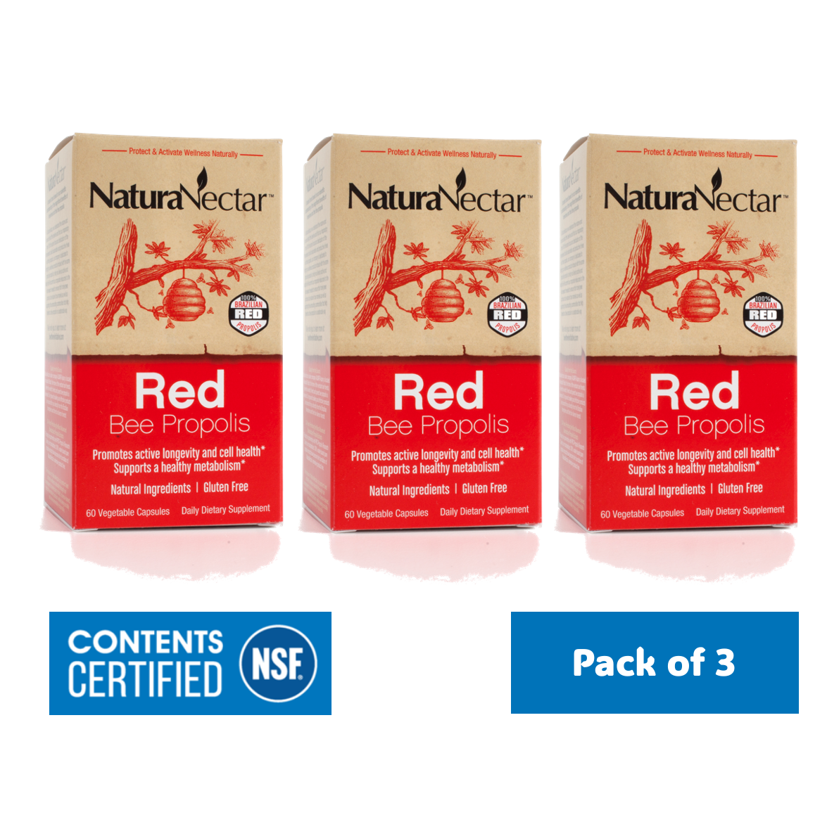 Red Bee Propolis, NSF Contents Certified, 60 Capsules |  Pack of 3
