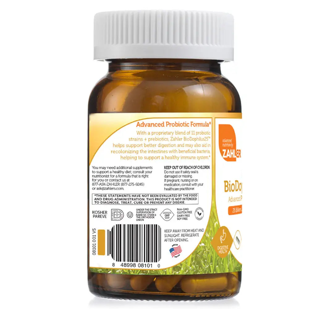 Zahler BioDophilus25 Probiotic - 25 Billion CFUs - 11 Strains for Digestive & Gut Flora Support - 60/120 Capsules - HSA/FSA Eligible