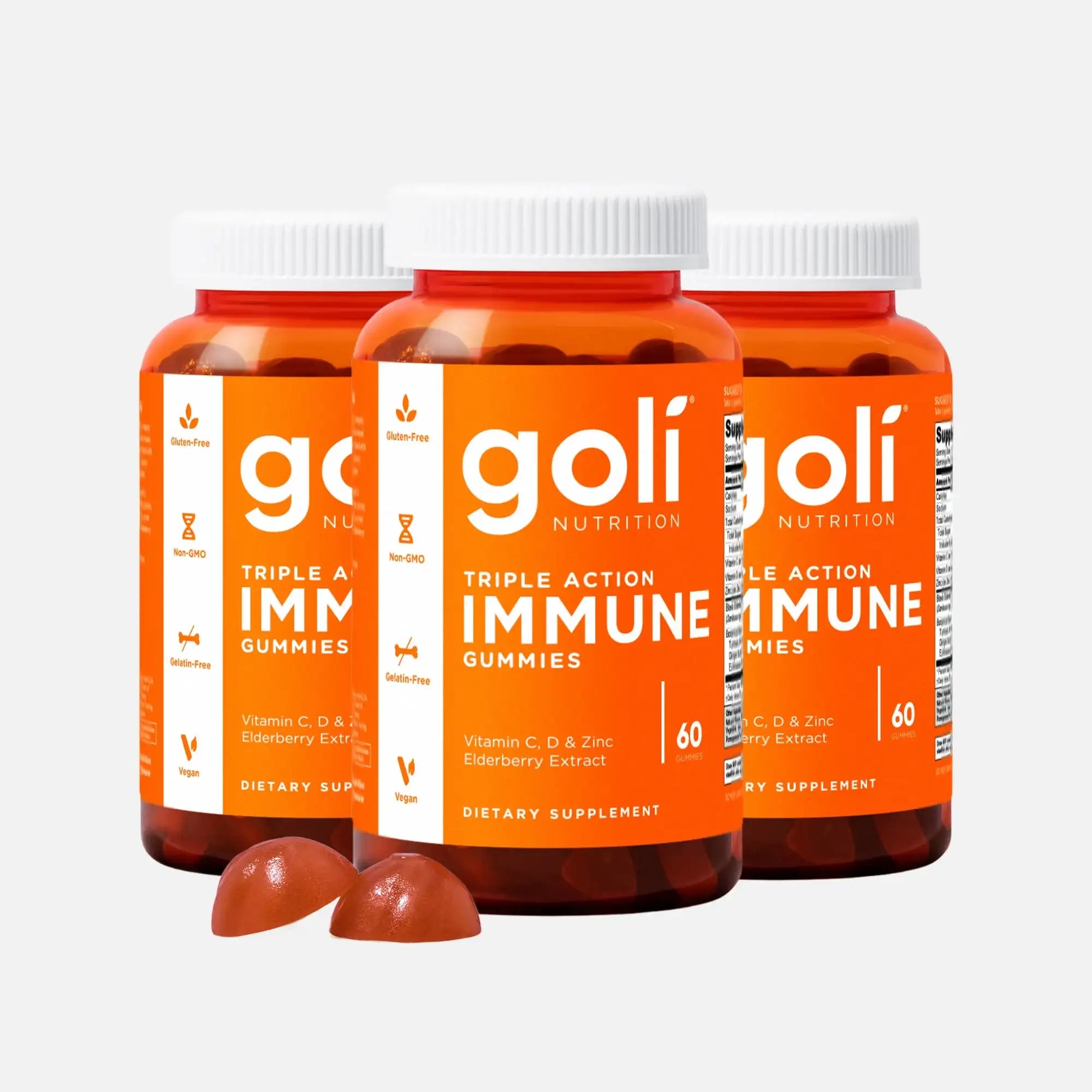 3 Bottles of Goli Triple Action Immune Gummies - Vitamin C, D, Zinc + Elderberry & Botanical Blend - Immune, Gut & Joint Support - Vegan - HSA/FSA Eligible