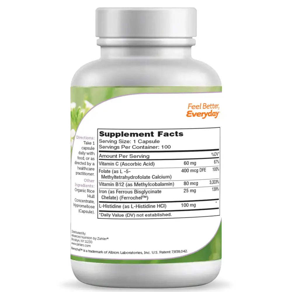 Zahler Iron Complex - Ferrochel® Iron with B12, Methylfolate & C - Blood-Building Formula - 100/250 Capsules - HSA/FSA Eligible