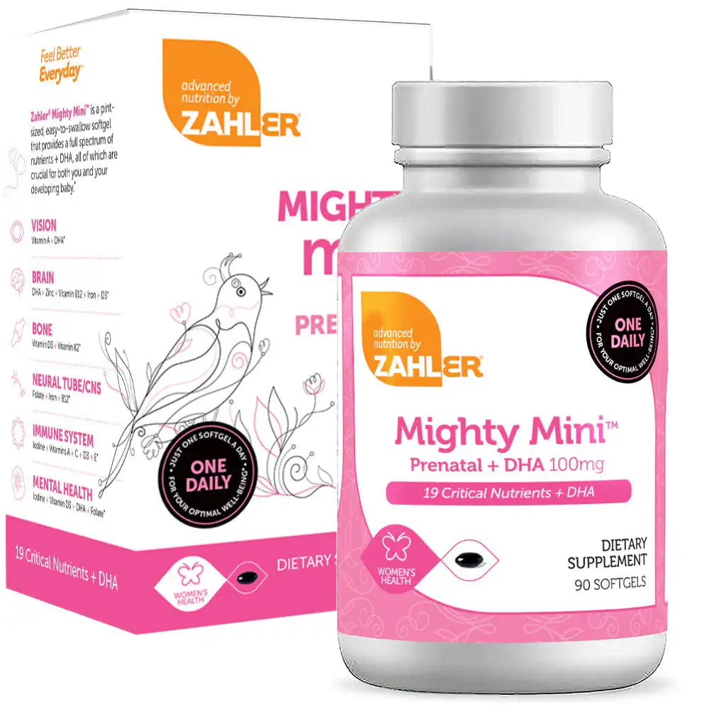 Zahler Mighty Mini - Small Prenatal Softgel with 19 Nutrients, 800mcg Folate & 100mg DHA - 90 Count - HSA/FSA Eligible