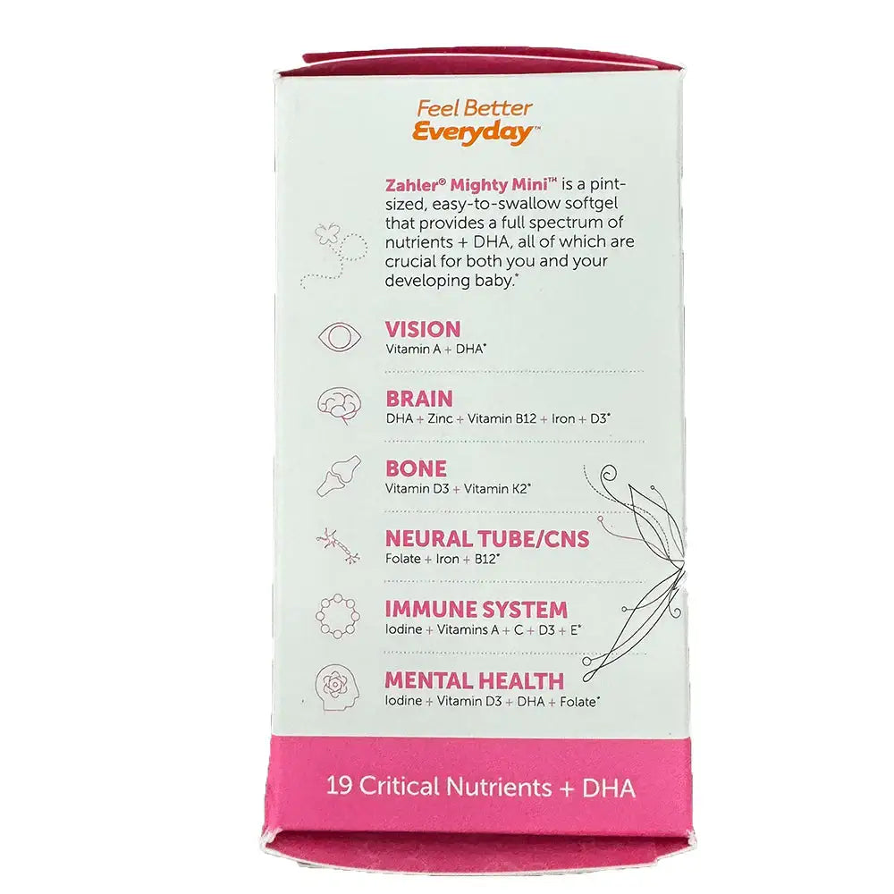 Zahler Mighty Mini - Small Prenatal Softgel with 19 Nutrients, 800mcg Folate & 100mg DHA - 90 Count - HSA/FSA Eligible