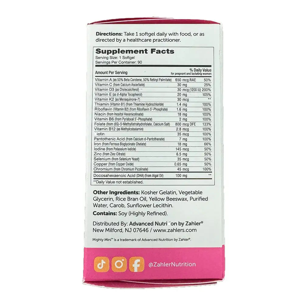 Zahler Mighty Mini - Small Prenatal Softgel with 19 Nutrients, 800mcg Folate & 100mg DHA - 90 Count - HSA/FSA Eligible