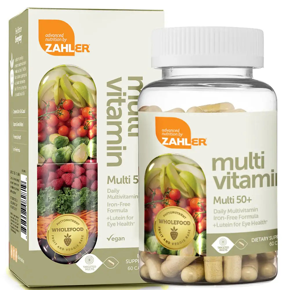 Zahler Multivitamin 50+ with Lutein & Wholefood Blend - Vegan Daily Vitamin for Eye & Immune Support - Iron-Free - HSA/FSA Eligible - 60 Caps