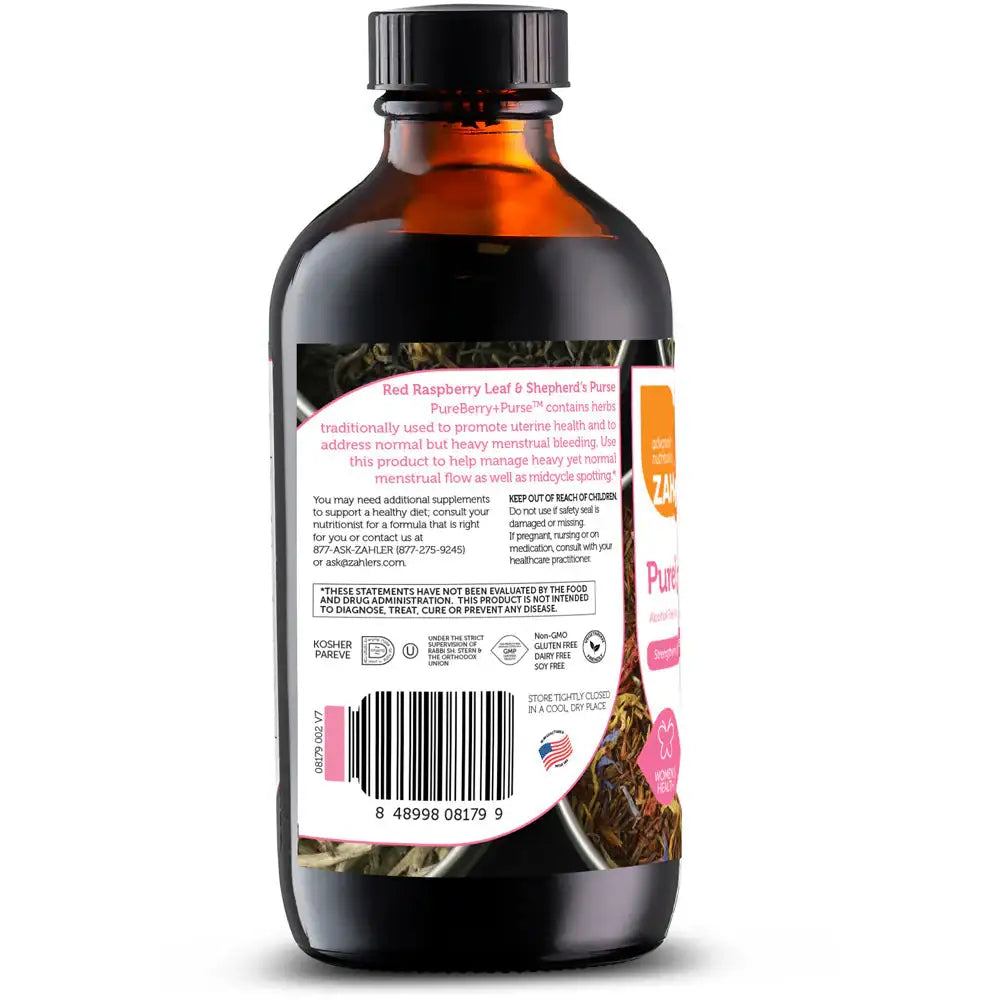 Zahler PureBerry+Purse - Red Raspberry Leaf & Shepherd’s Purse Liquid - Uterine Support - 8 oz - HSA/FSA Eligible