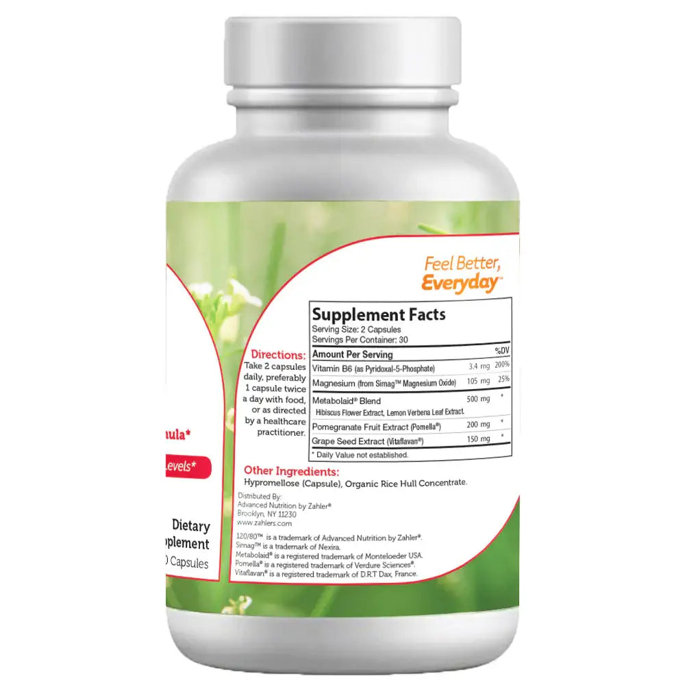 Zahler 120/80 - Blood Pressure Support Formula with Hibiscus, Grape Seed, Pomegranate and Magnesium - HSA/FSA Eligible - 60 Capsules