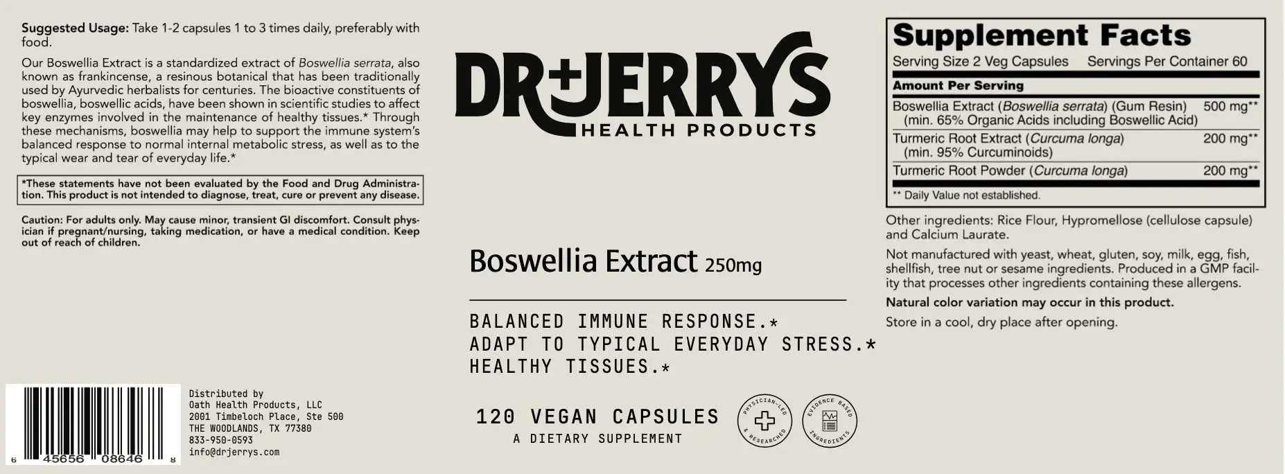 Dr. Jerry's Boswellia Extract 250mg (120 Vegan Capsules)