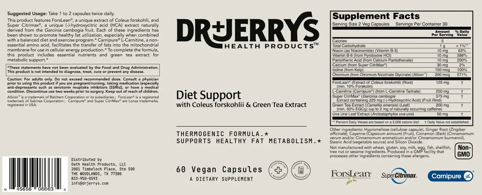 Dr. Jerry's Diet Support with Coleus forskohlii & Green Tea Extract (60 Vegan Capsules) - Supports healthy fat metabolism