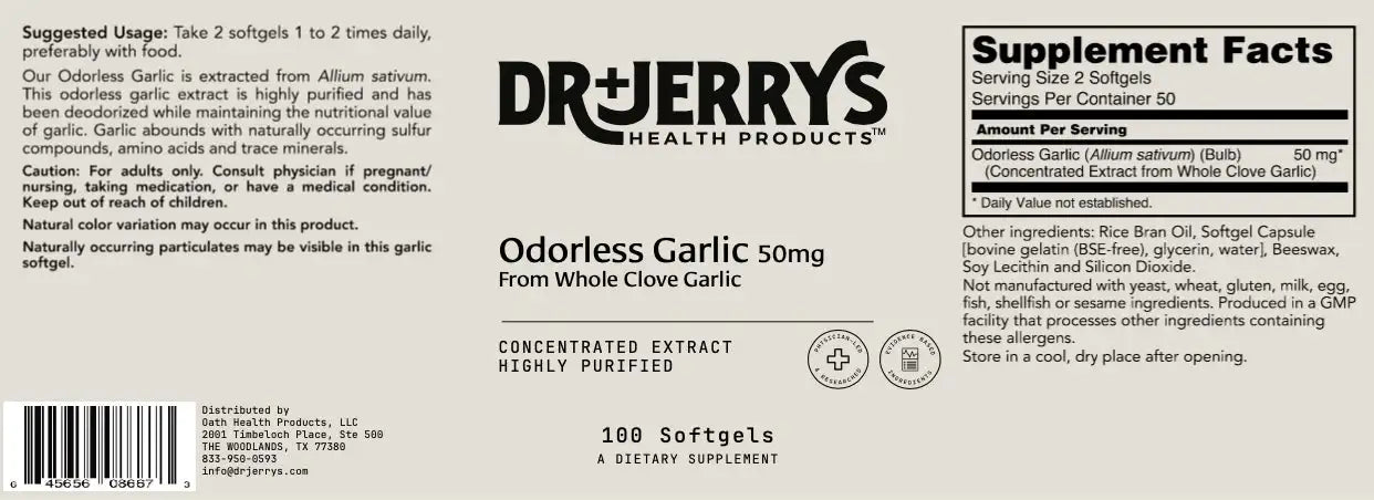 Dr. Jerry’s Odorless Garlic - 50mg from Whole Clove Garlic - Heart, Cholesterol & Joint Support - Deodorized Softgels - HSA/FSA Eligible