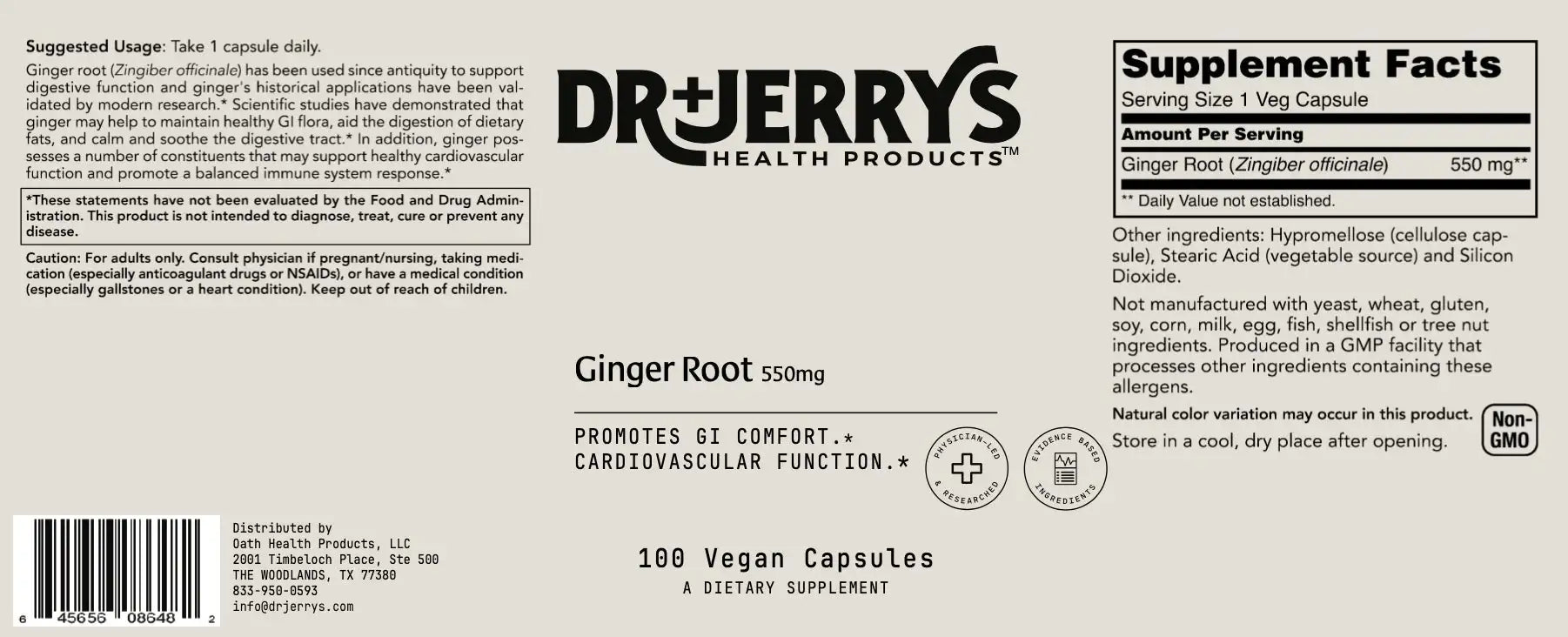 Dr. Jerry's Ginger Root 550 mg (100 Vegan Capsules) - Promotes GI Comfort and Cardiovascular function