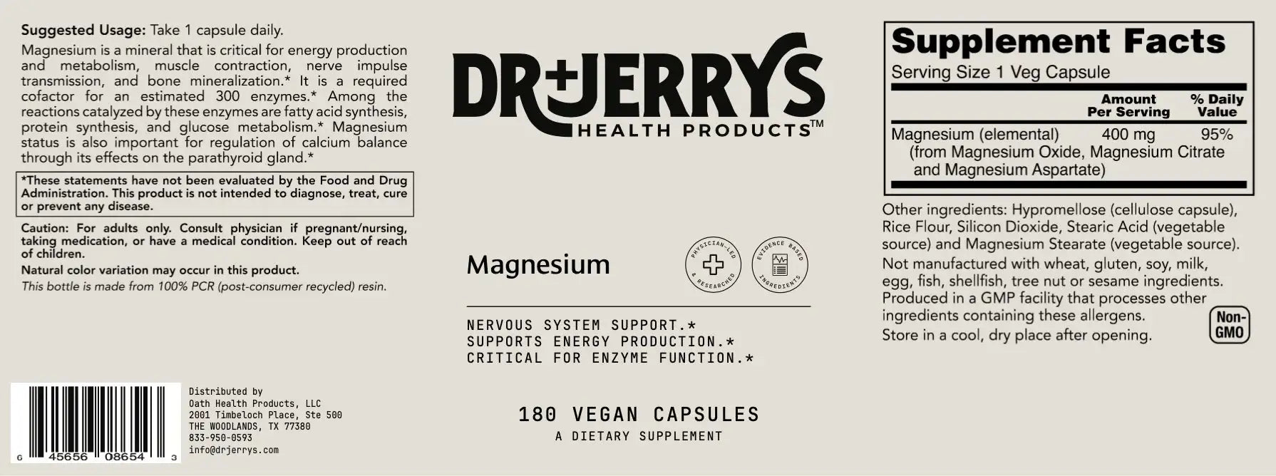 Dr. Jerry's Magnesium 400mg (100 Vegan Capsules) - Nervous system and energy support,