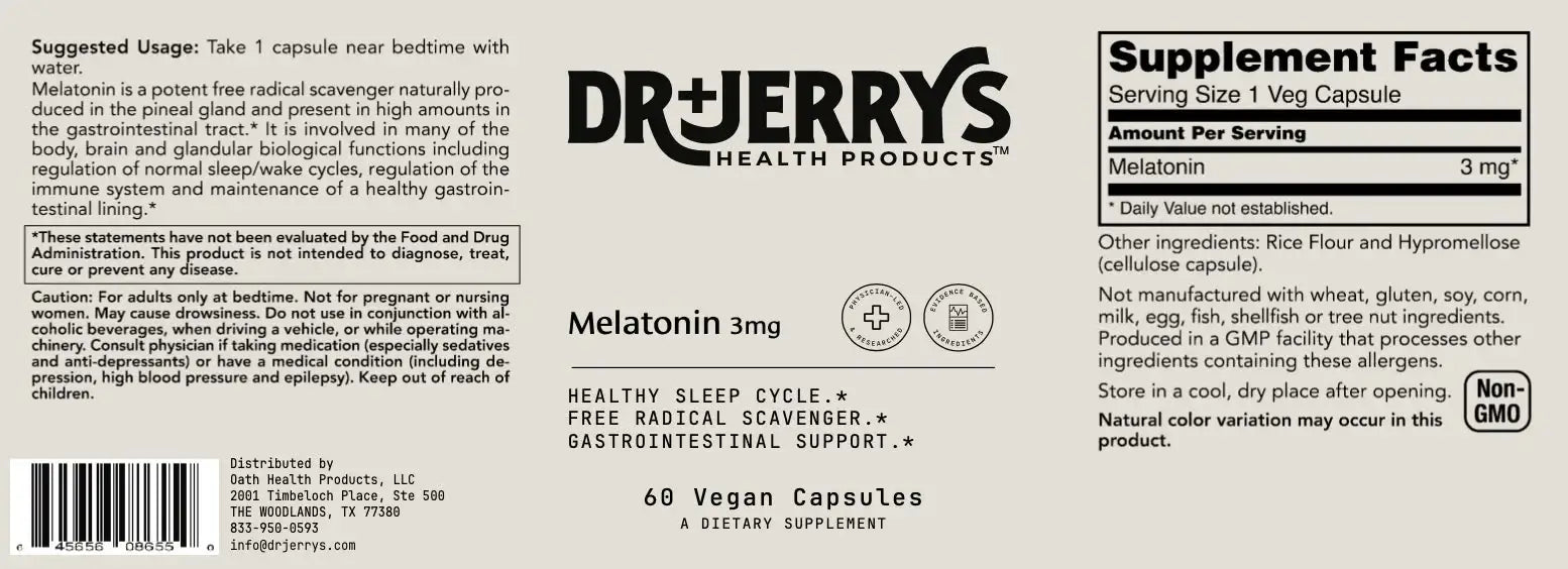 Dr. Jerry's Melatonin 3mg (60 Vegan Capsules) - Healthy sleep cycle, Gastrointestinal support