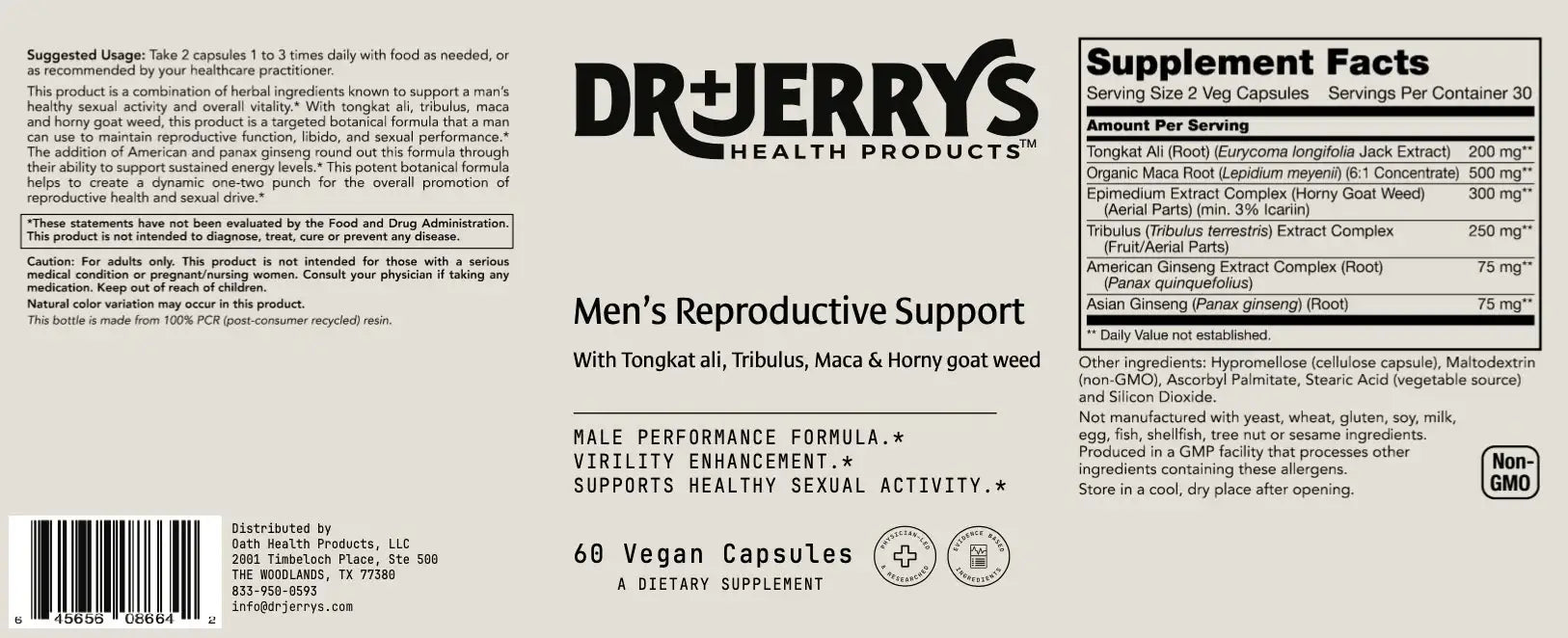 Dr. Jerry's Men's Reproductive Support with Tongkat ali, Tribulus, Maca & Horny goat weed (60 Vegan Capsules)
