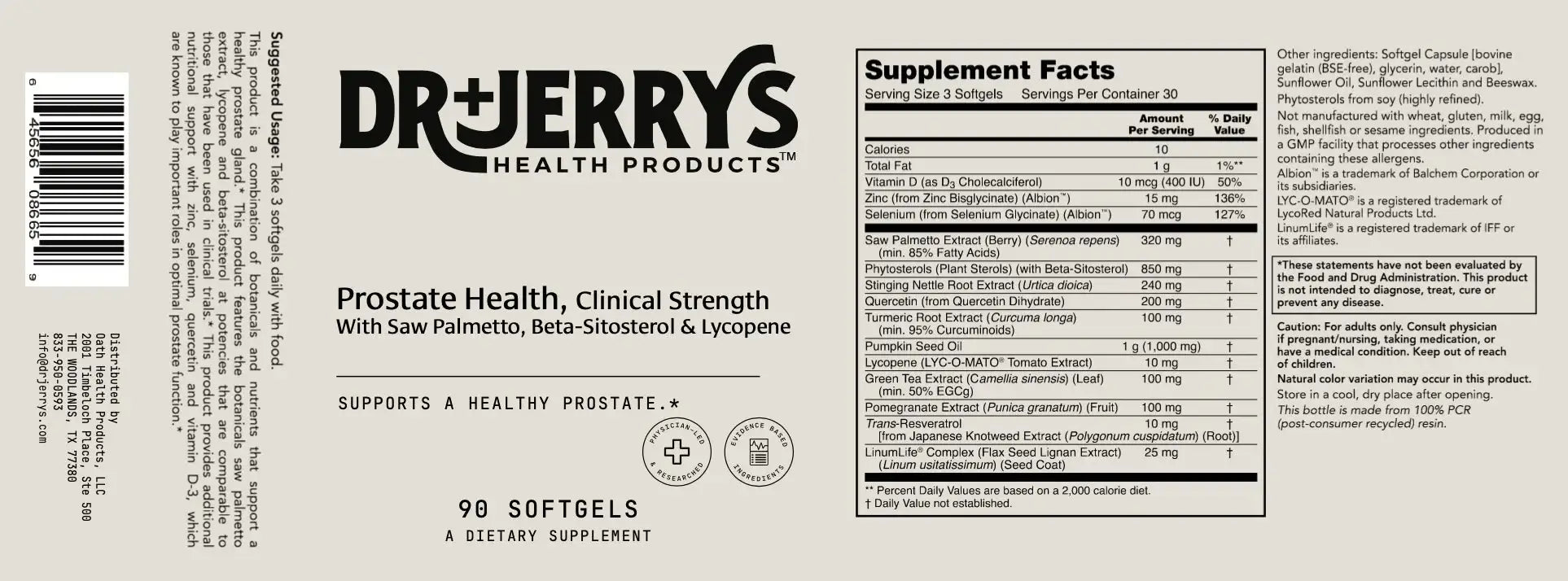 Dr. Jerry's Prostate Health Softgels - Saw Palmetto, Beta-Sitosterol, Lycopene - Urinary & Prostate Support - HSA/FSA Eligible