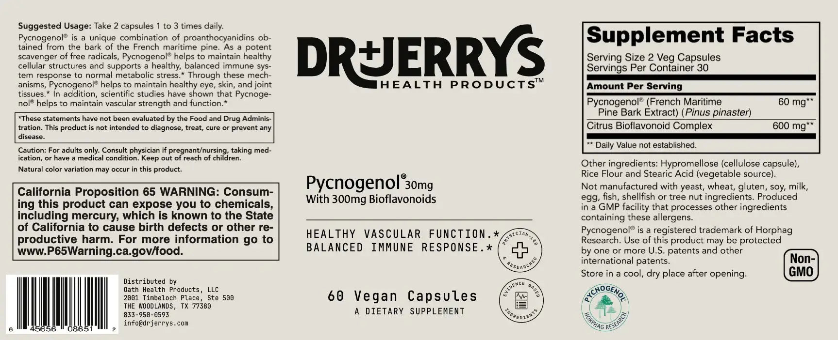 Dr. Jerry's Pycnogenol 30mg with 300mg Bioflavonoids (60 Vegan Capsules)