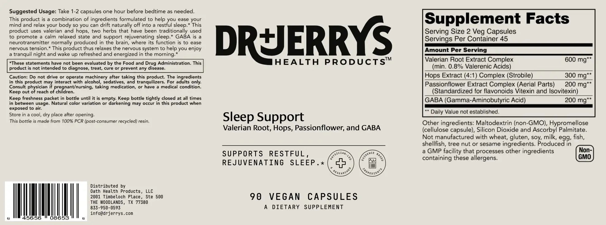 Dr. Jerry's Sleep Support with Valerian root, Hops, Passionflower, and GABA (90 Vegan Capsules)