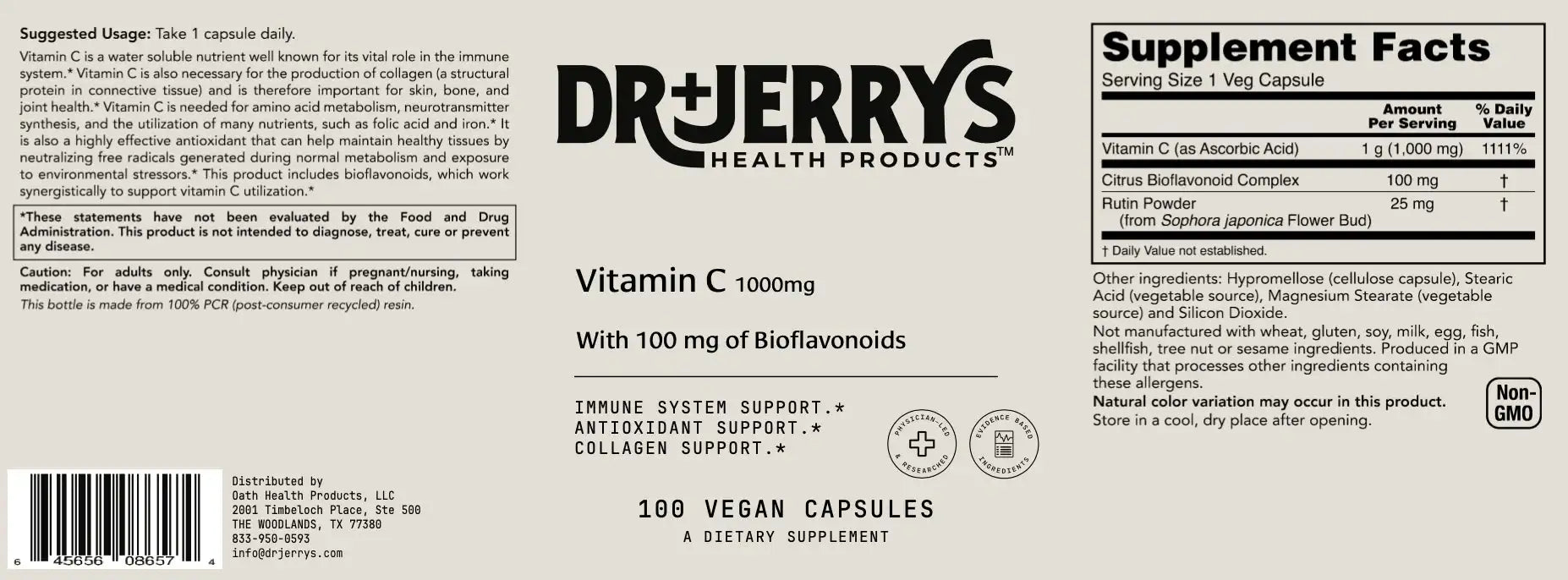 Dr. Jerry's Vitamin C 1000mg with 100mg of bioflavonoids (100 Vegan Capsules) - immune system, antioxidant, and collagen support