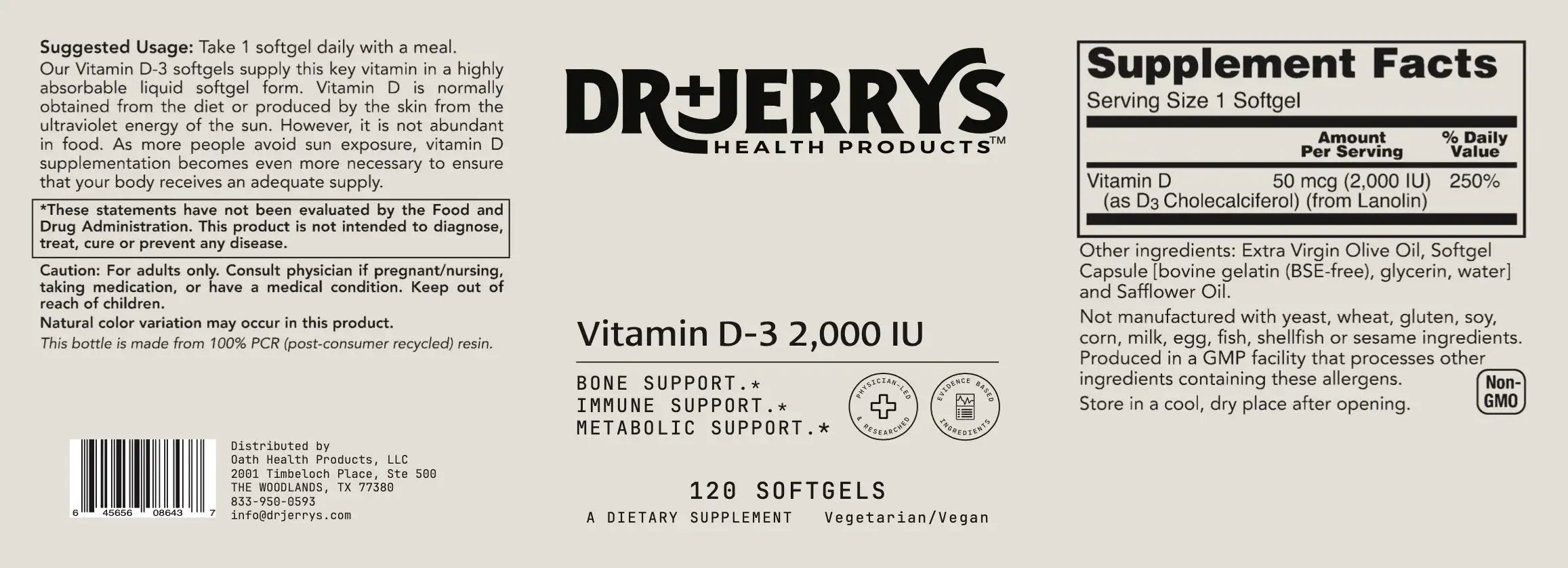 Dr. Jerry's Vitamin D-3 2000 IU (120 Softgels)