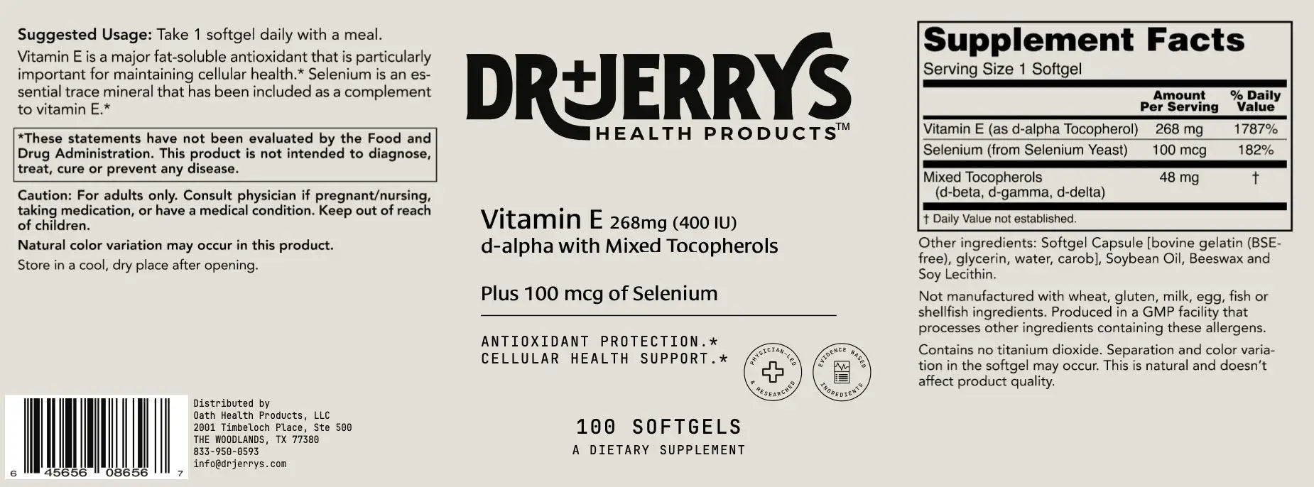 Dr. Jerry's Vitamin E 400 IU d-alpha with mixed tocopherols, with 100 mcg Selenium (100 Softgels)