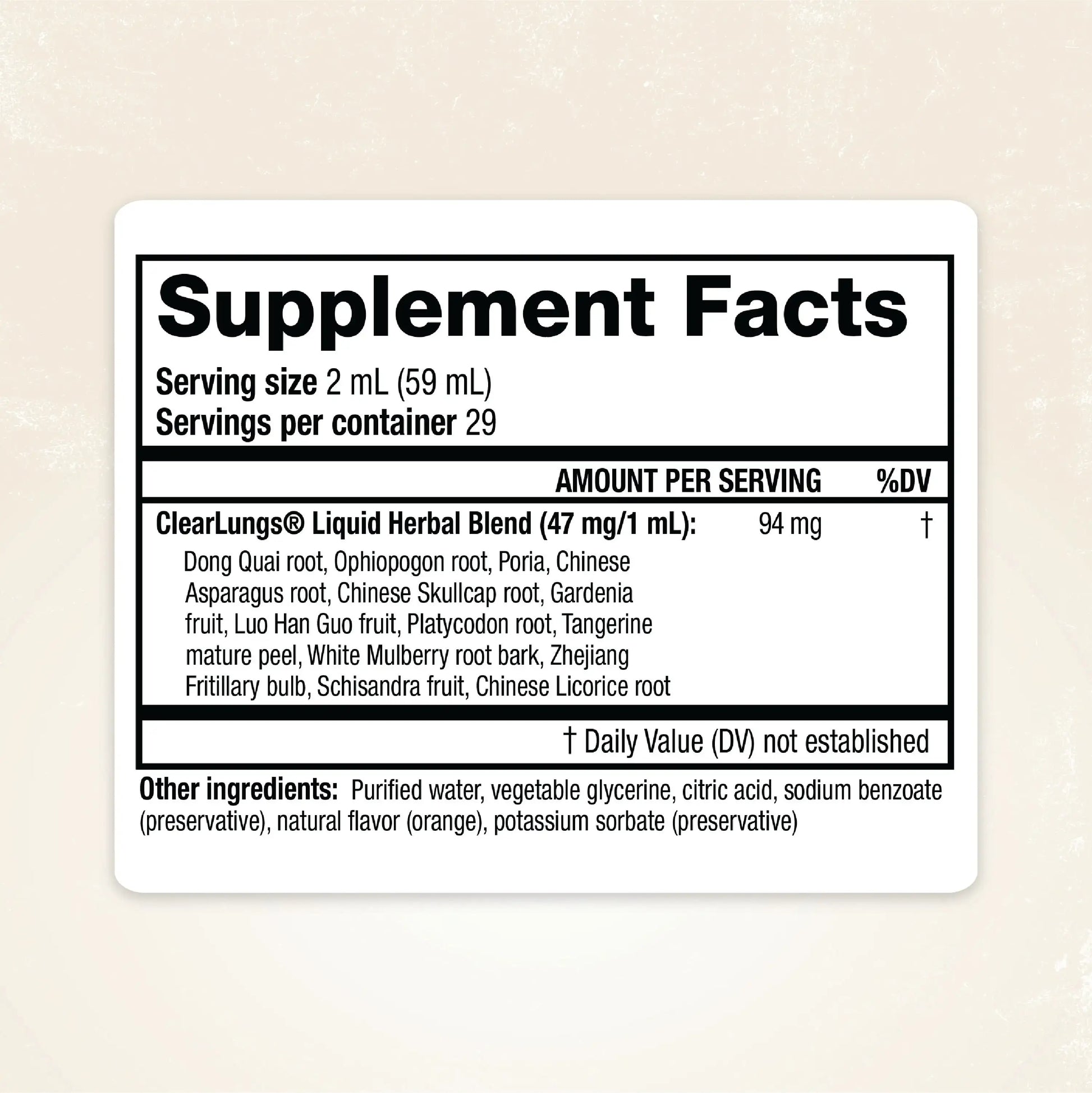 Supplement facts label for ClearLungs Liquid product