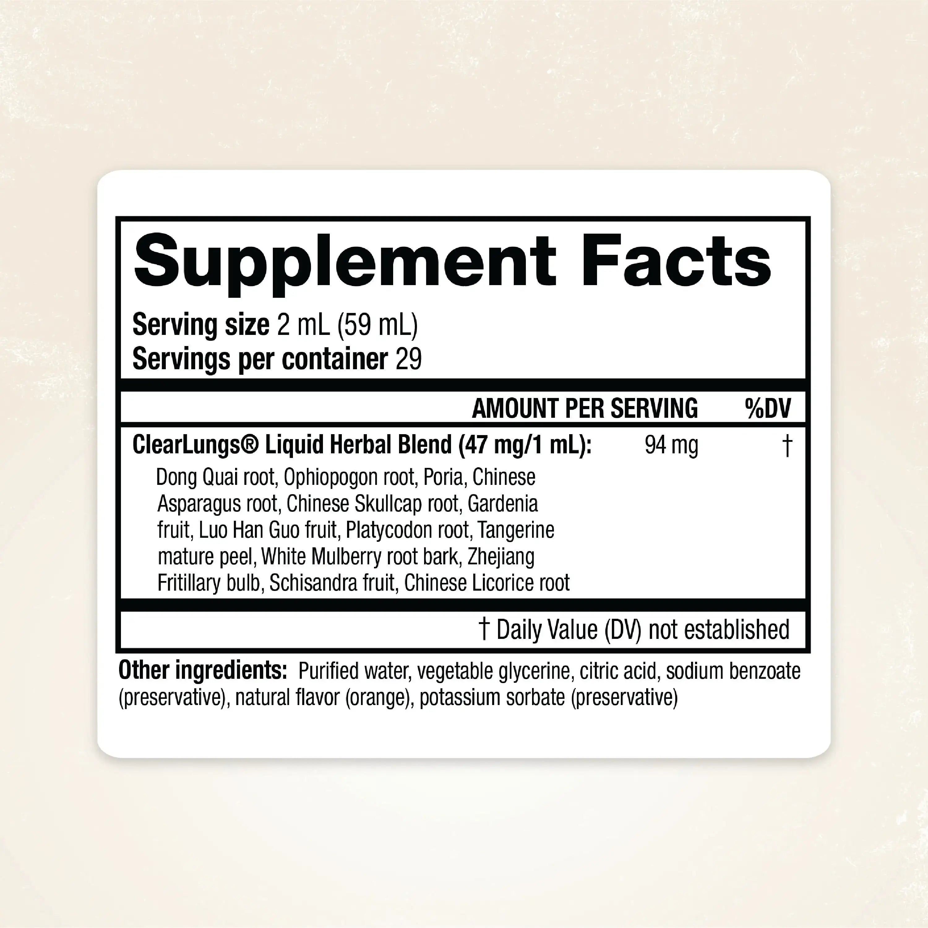 Supplement facts label for ClearLungs Liquid product