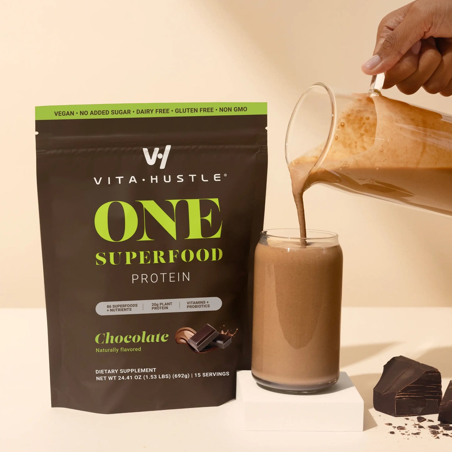 VitaHustle ONE Plant‑Based Protein Powder - Chocolate - Blend of 86 Ingredients with Vitamins & Probiotics