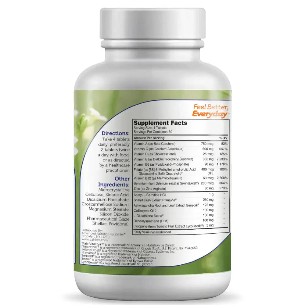 Zahler Male Vitality+ with Shilajit, Ashwagandha, Lycopene & Vitamins - Supports Male Fertility & Energy - 120 Tablets - HSA/FSA Eligible