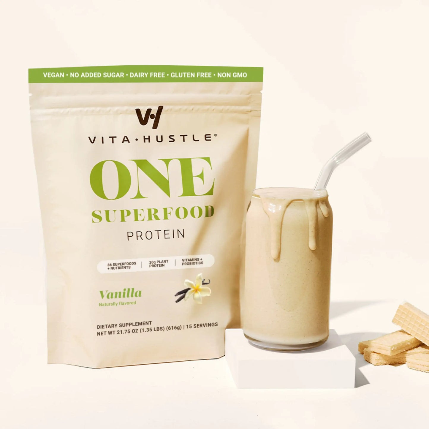 VitaHustle Superfood Protein Vanilla Powder 15 Servings -  Plant-Based Blend with 30 Nutrients Prebiotics Adaptogens HSA FSA Eligible