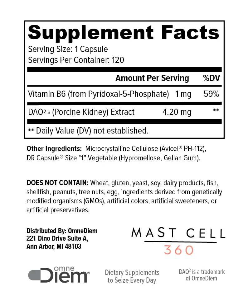 Omne Diem Histamine Digest 360 - Beth O'Hara Mastcell 360 - Diamine Oxidase & Vitamin B6 120 DR Capsules