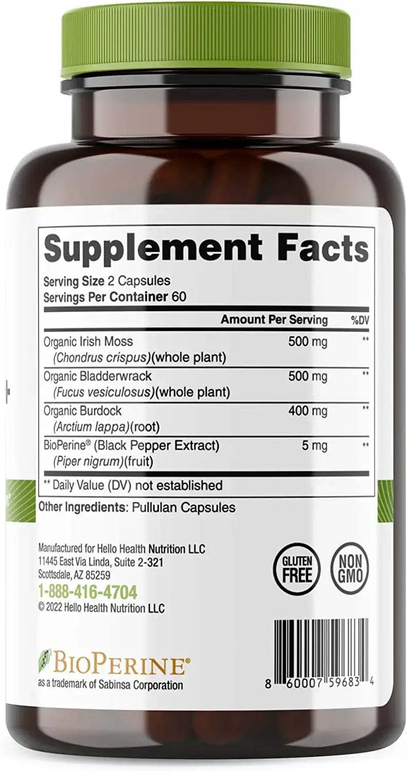 Organic Irish Sea Moss, Organic Bladderwrack, Organic Burdock & Bioperine capsules