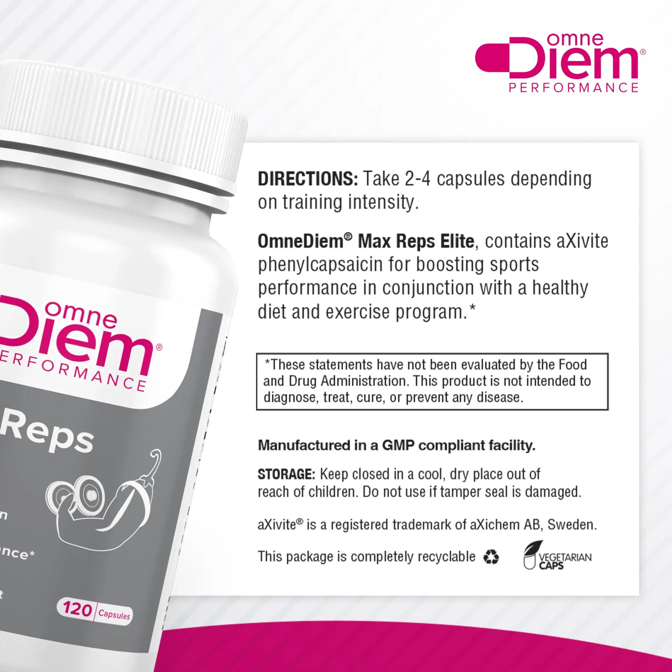 Omne Diem Max Reps Elite Capsules - Phenylcapsaicin Sports Performance Supplement - 120 ct