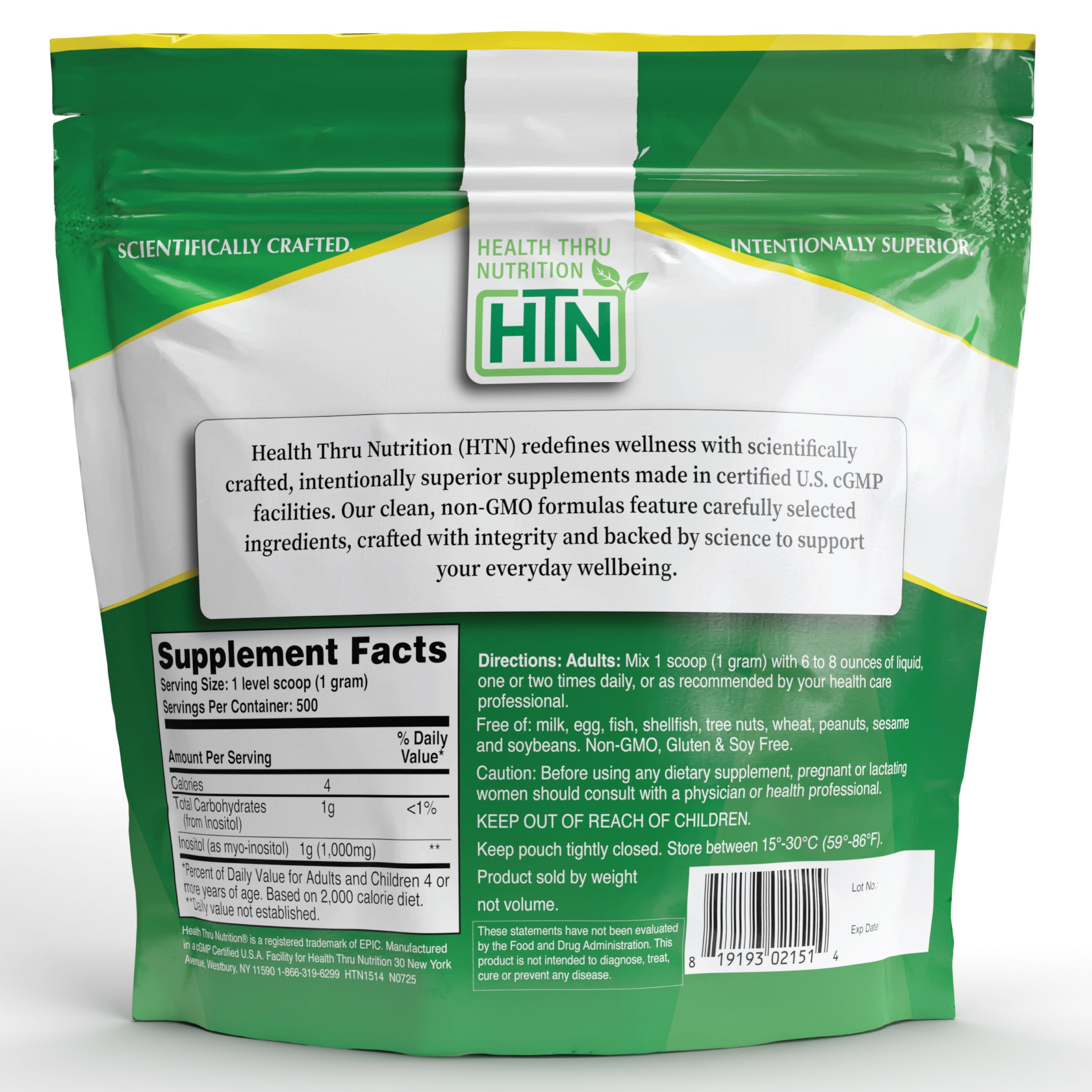 Inositol Powder – 500g Pure Powder as Myo-Inositol –1,000mg (1g) Per Scoop Unflavored, Vegan, Non-GMO