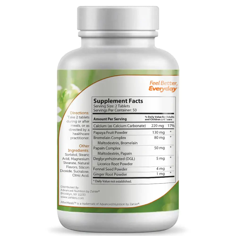 Zahler AfterMeals - Papaya Enzymes, Bromelain & Calcium - Digestive Support Chewables - 100 Tablets - HSA/FSA Eligible