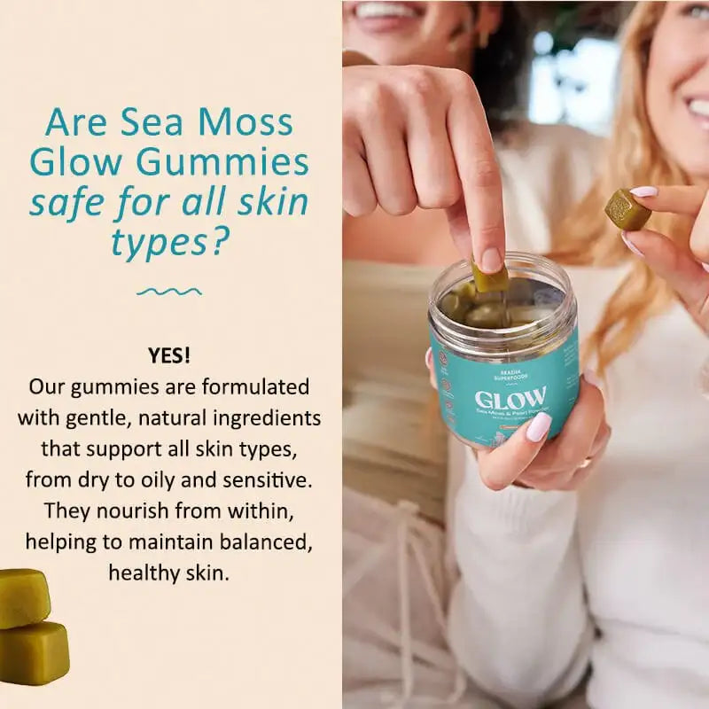 Glow Sea Moss & Pearl Powder Gummies - Vitamin C + Aloe + Blue Majik - Immune, Heart & Energy Support - Skin & Sleep Health - Vegan