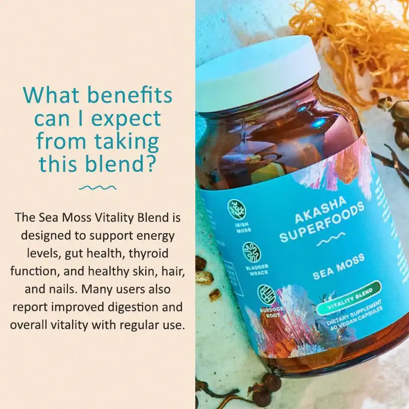 Akasha Sea Moss Vitality Blend Capsules - Irish Moss, Burdock & Bladderwrack - Heart, Energy & Sleep Support - Vegan - Non-GMO