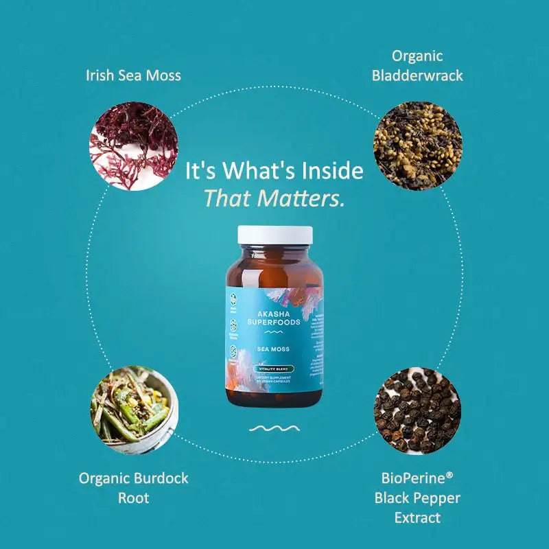 Akasha Sea Moss Vitality Blend Capsules - Irish Moss, Burdock & Bladderwrack - Heart, Energy & Sleep Support - Vegan - Non-GMO