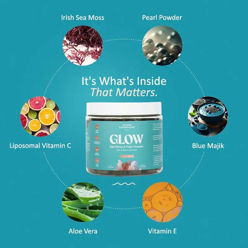 Glow Sea Moss & Pearl Powder Gummies - Vitamin C + Aloe + Blue Majik - Immune, Heart & Energy Support - Skin & Sleep Health - Vegan