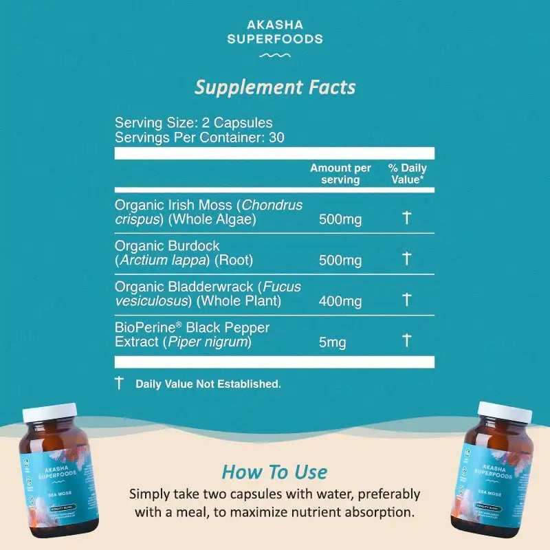 Akasha Sea Moss Vitality Blend Capsules - Irish Moss, Burdock & Bladderwrack - Heart, Energy & Sleep Support - Vegan - Non-GMO