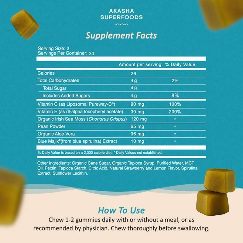 Glow Sea Moss & Pearl Powder Gummies - Vitamin C + Aloe + Blue Majik - Immune, Heart & Energy Support - Skin & Sleep Health - Vegan