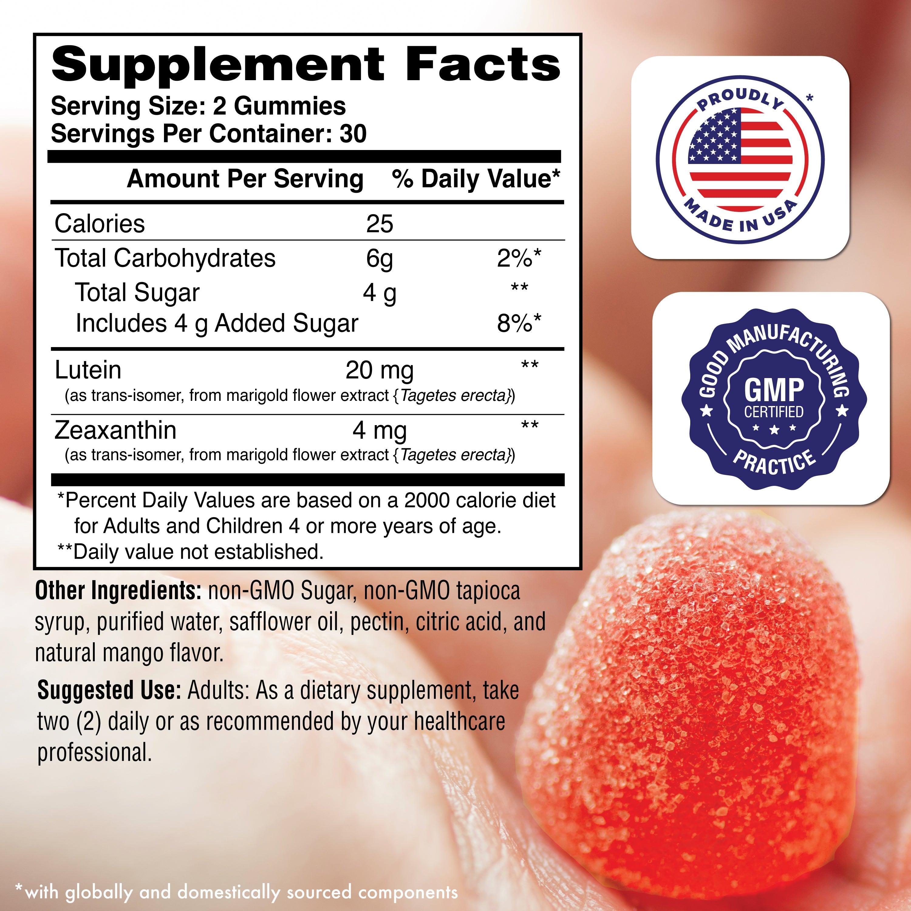 Lutein + Zeaxanthin Gummies – All-Trans Marigold Extract | Golden Mango Flavor 60 count