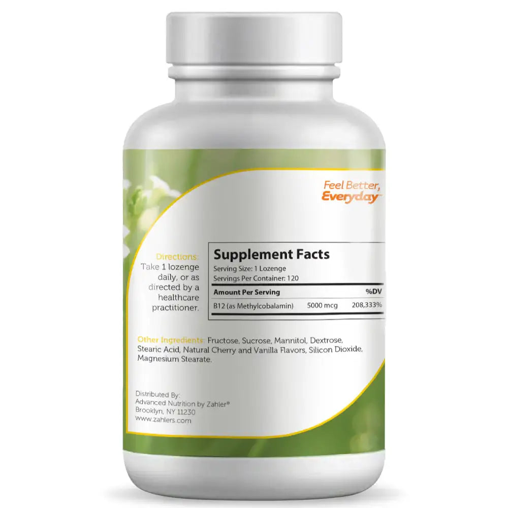Zahler B12 Energizer+ - 5000 mcg Methylcobalamin - Energy & Nervous System Support - Cherry Lozenges, 120 Ct - HSA/FSA Eligible